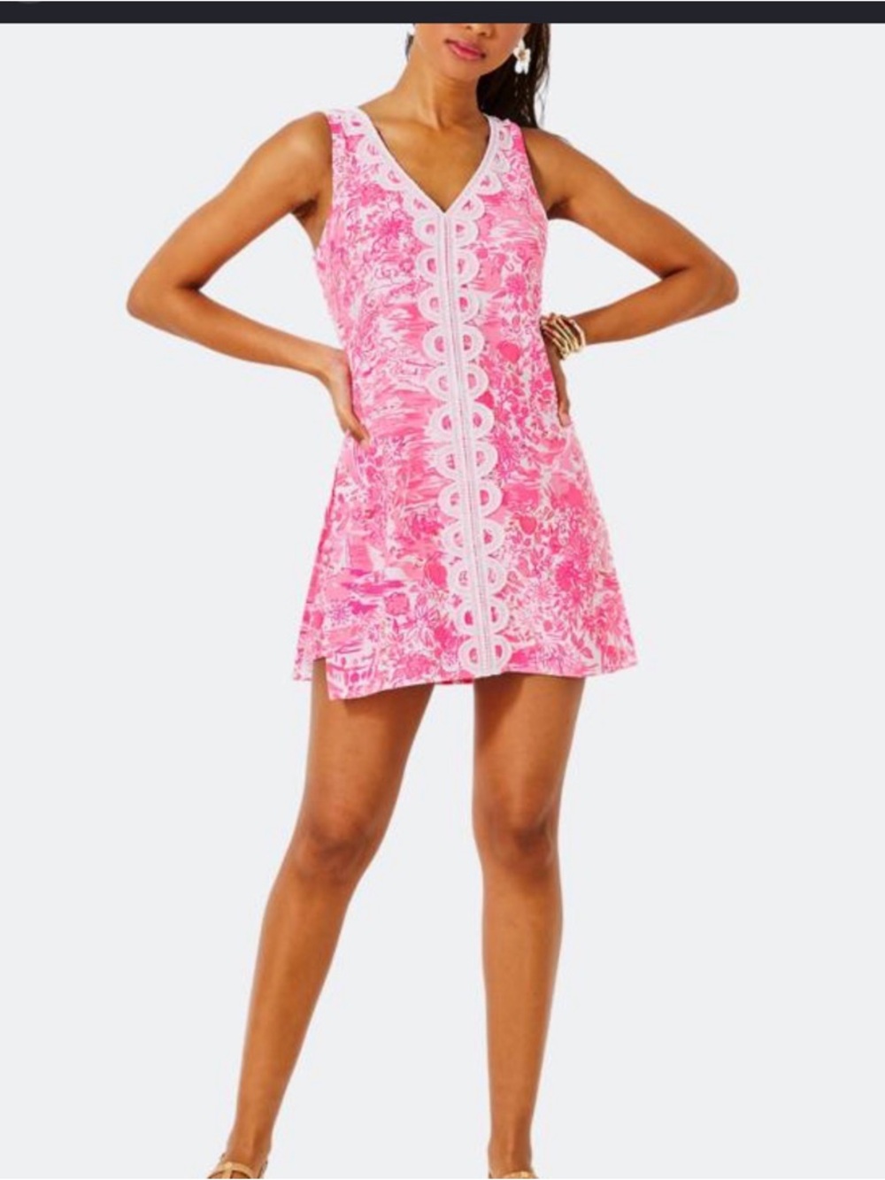 Lilly Pulitzer Ronnie Romper Pink Floral Shift with White Lace Trim